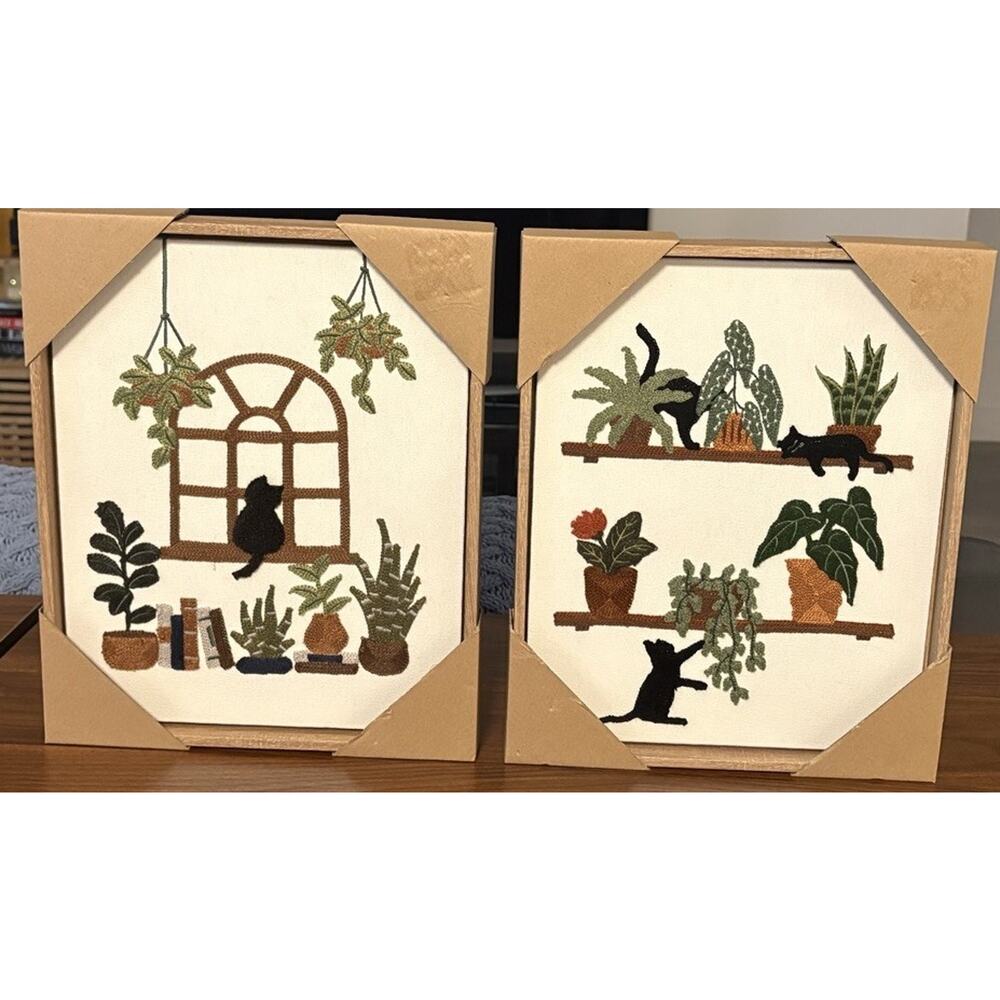 New Set 2 BP Home Woven Embroidery Wall Art Plants Black Cats 12"x15"